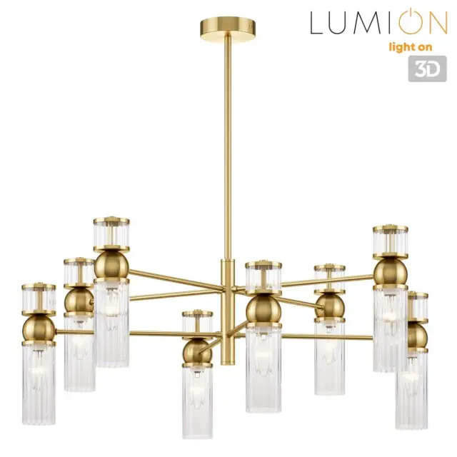 Потолочная люстра Lumion DENVER в стиле Арт-деко, 8 светильников, матовая латунь и рельефное стекло, ракурс 5