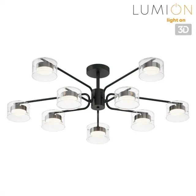 Потолочная люстра модерн Lumion с десятью рожками, матовый черный металл и прозрачное стекло, ракурс 5