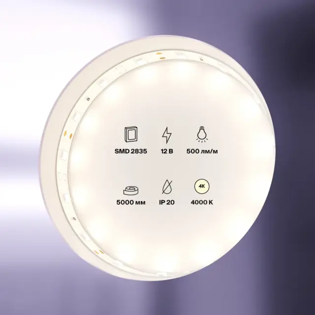 Светодиодная лента 12В 2835 4,8Вт/м 4000K 5м IP20, ракурс 5