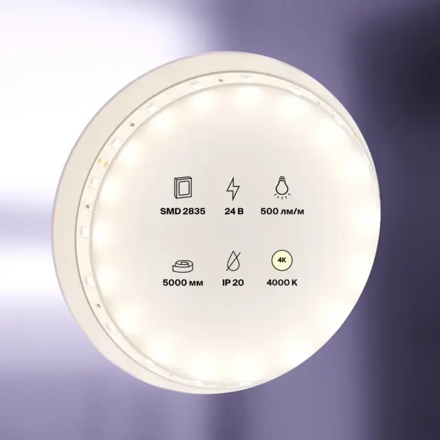 Светодиодная лента 24В 2835 4,8Вт/м 4000K 5м IP20, ракурс 5