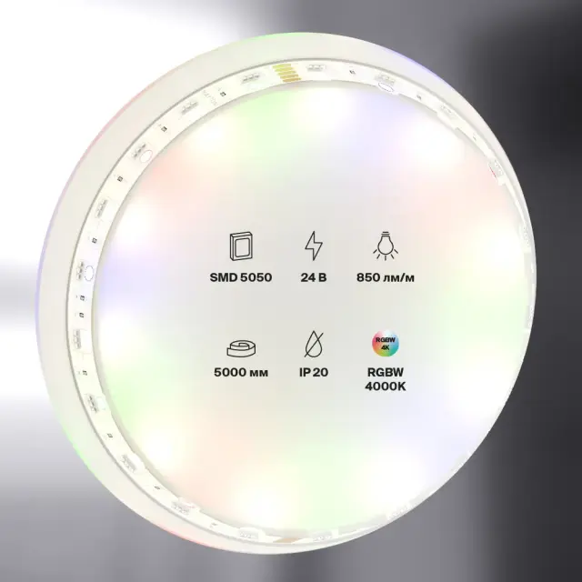 Светодиодная лента 24В 5050 14,4Вт/м Цветная (RGB) + 4000K 5м IP20, ракурс 4