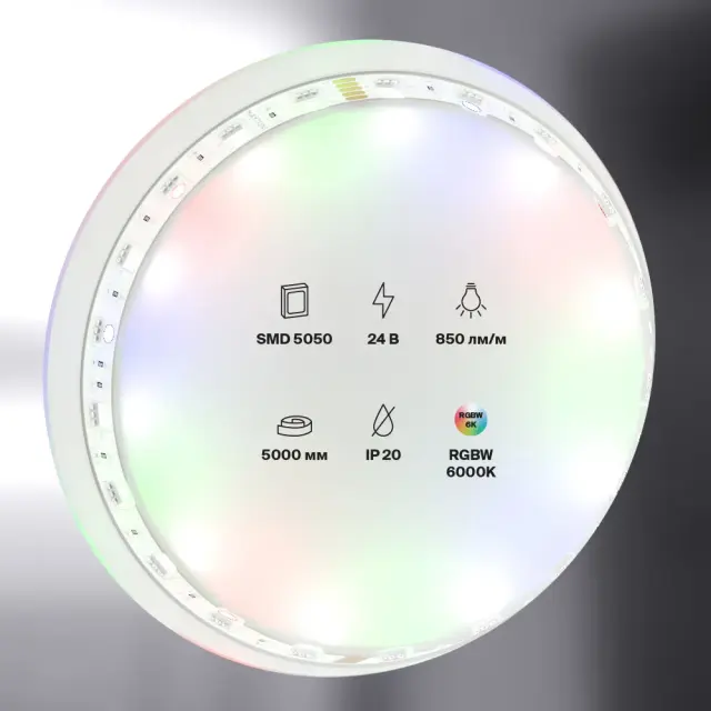 Светодиодная лента 24В 5050 14,4Вт/м Цветная (RGB) + 6000K 5м IP20, ракурс 4