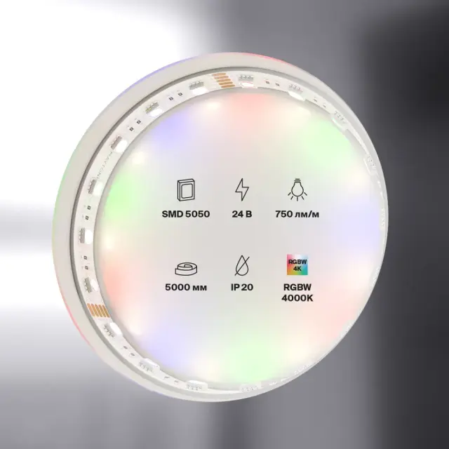 Светодиодная лента 24В 5050 19,2Вт/м Цветная (RGB) + 4000K 5м IP20, ракурс 4