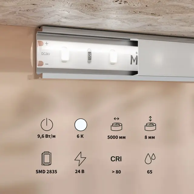 Светодиодная лента Базовая 24В 2835 9,6Вт/м 6000K 5м IP 65 201182, ракурс 3