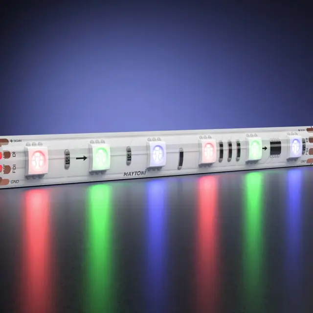 Светодиодная лента 24В 5050 14,4Вт/м 5м IP 65 Адресная (SPI) Цветная (RGB) 201247