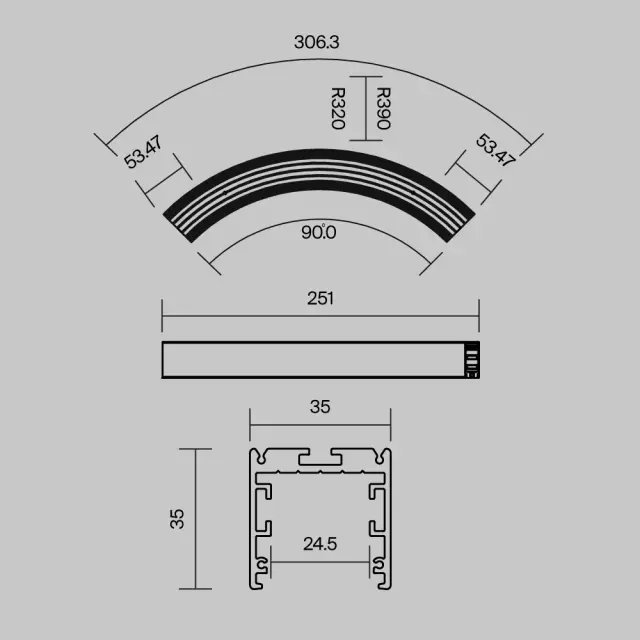 Радиусный профиль 35x35 D320мм 1/4 круга черный, ракурс 6