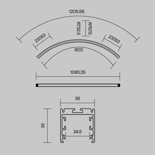 Радиусный профиль 35x35 D1500мм 1/4 круга черный, ракурс 7
