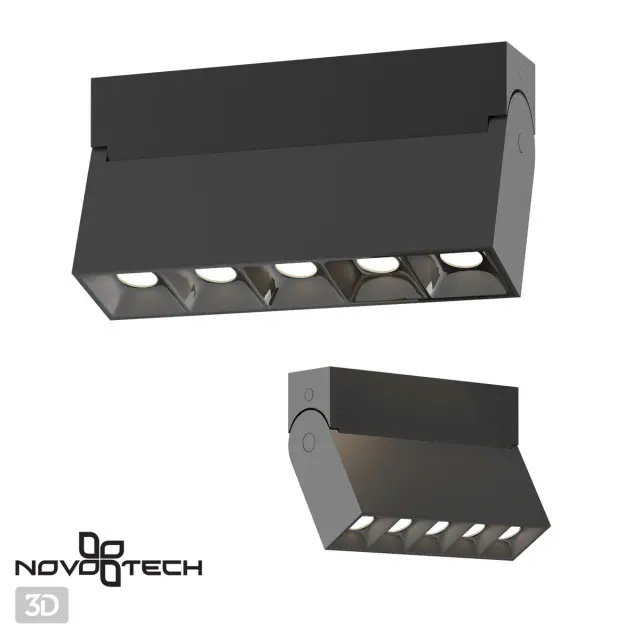 Накладной точечный светильник Novotech в матовом черном металле, 5 источников света, линейный дизайн, ракурс 2