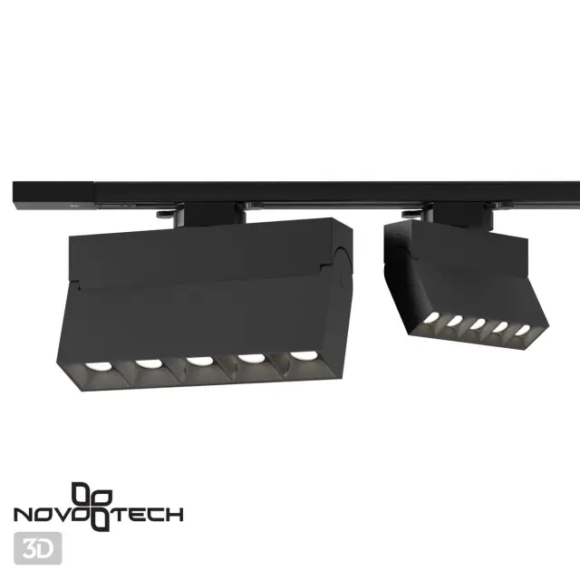 Трековый светильник Novotech черного матового металла, вытянутый силуэт с пятью отдельными источниками света, ракурс 3