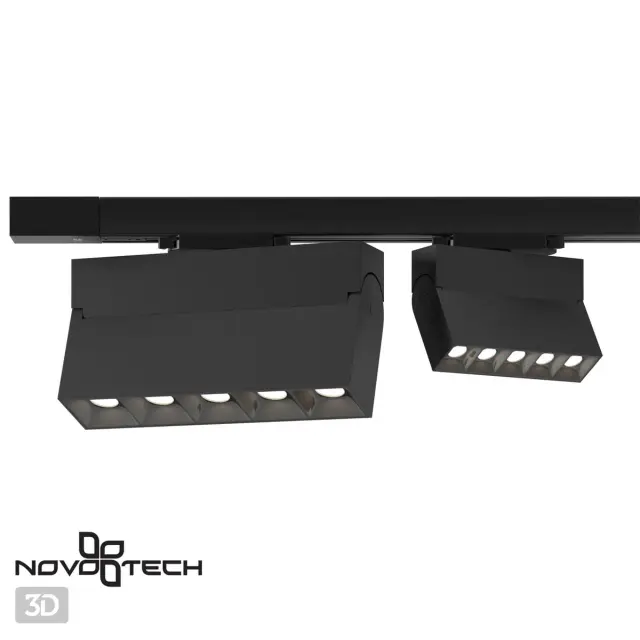 Трековый светильник Novotech матового черного цвета из металла с пятью квадратными плафонами, ракурс 3