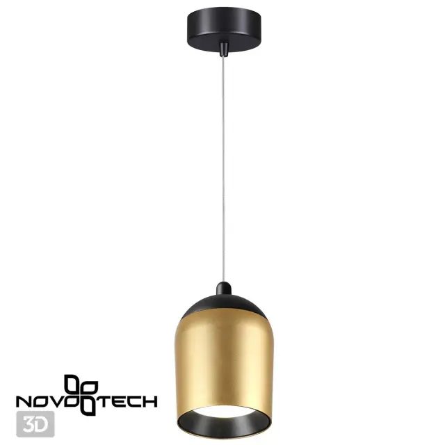Подвесной светильник Novotech с контрастным черным корпусом и матовым золотым цилиндрическим плафоном, ракурс 4