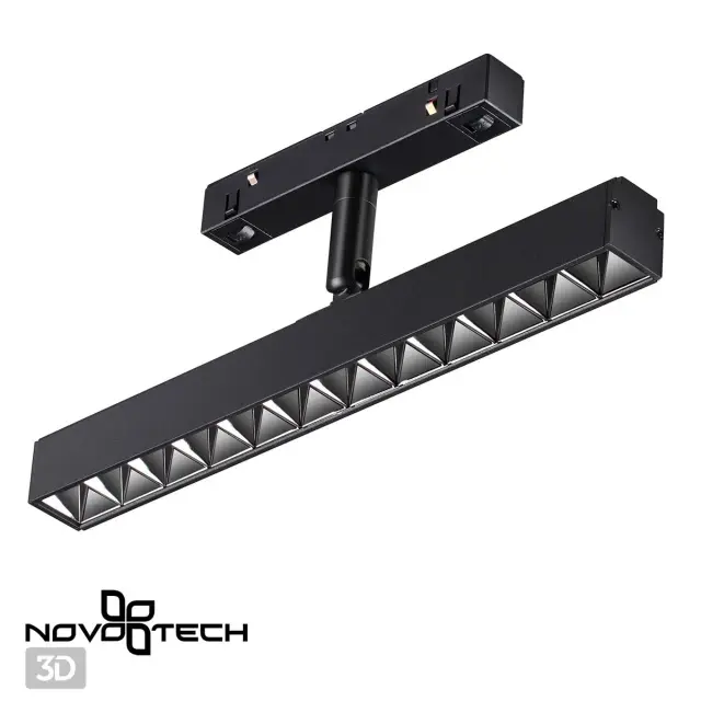 Линейный трековый светильник Novotech в матовом черном металле с акцентом из прямоугольных секций, ракурс 5