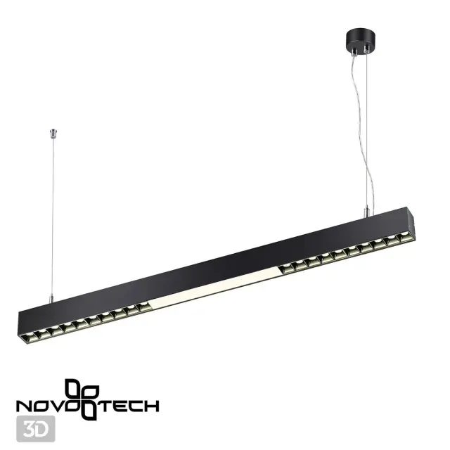 Подвесной светильник Novotech в минималистичном стиле, длинный прямоугольный корпус из матового черного металла, ракурс 3