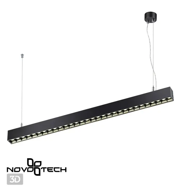 Линейный подвесной светильник Novotech в матово-черном цвете, минималистичный дизайн с равномерно расположенными, ракурс 3