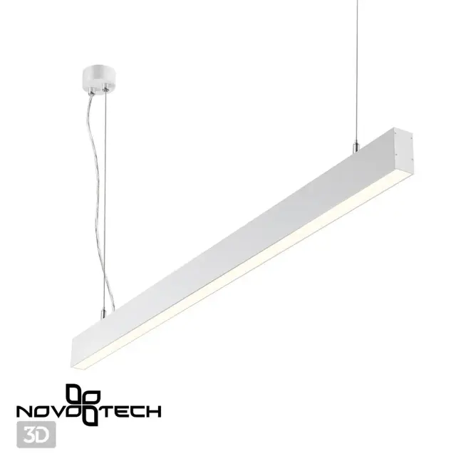 Подвесной светильник Novotech в минималистичном стиле, белый металлический корпус и длинный акриловый плафон, ракурс 4