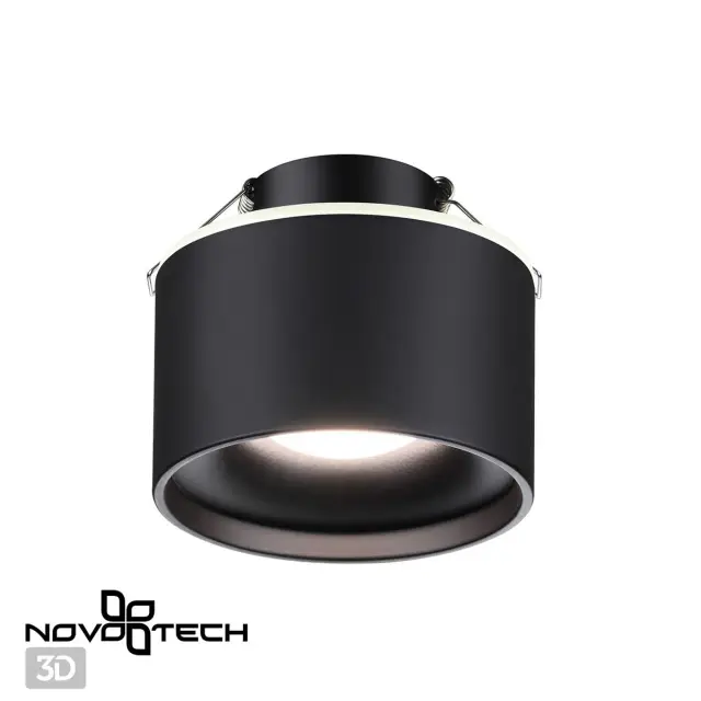 Встраиваемый точечный светильник Novotech в матовом черном металле, минималистичный дизайн, диаметр 99 мм, ракурс 3