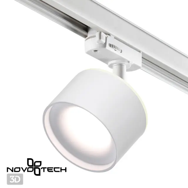 Направленный трековый светильник Novotech в матовом белом металлическом корпусе с простым округлым плафоном, ракурс 4