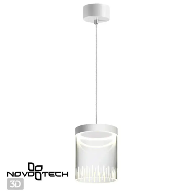 Подвесной светильник Novotech AURA, матовый белый металл и прозрачный глянцевый акрил с вертикальным декором, ракурс 4