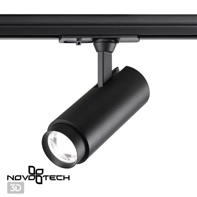 Трековый светильник Novotech матовый черный цилиндрической формы с одним источником света, ракурс 3