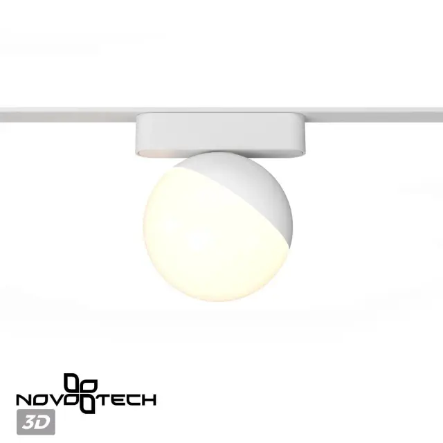 Напоминающий минималистичный трековый светильник Novotech матового белого цвета с гладким округлым плафоном, ракурс 4
