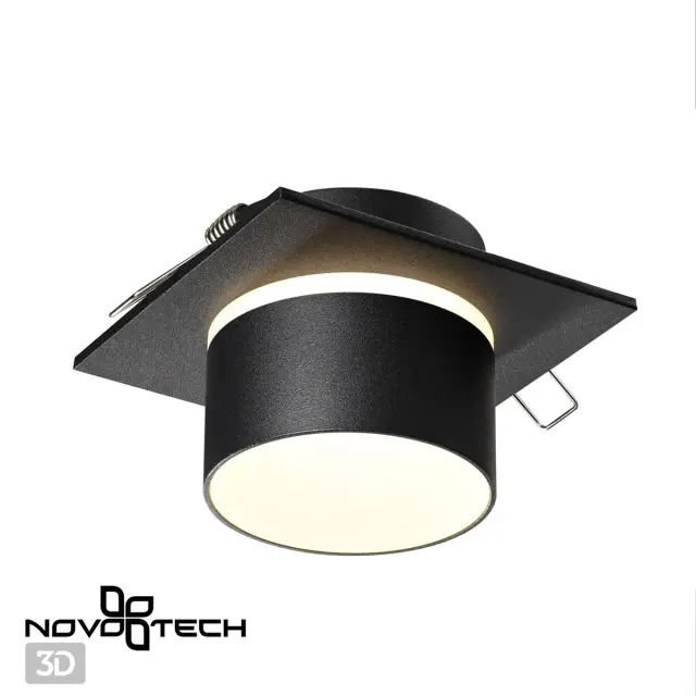 Встраиваемый точечный светильник Novotech в матовом черном цвете с геометричным дизайном и акриловым плафоном, ракурс 3