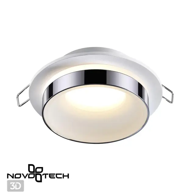 Встраиваемый точечный светильник Novotech в минималистичном стиле, белый корпус и хромированный ободок, ракурс 3