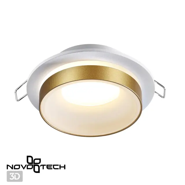 Встраиваемый точечный светильник Novotech, белый корпус с матовым золотым акцентом, минималистичный дизайн, ракурс 3