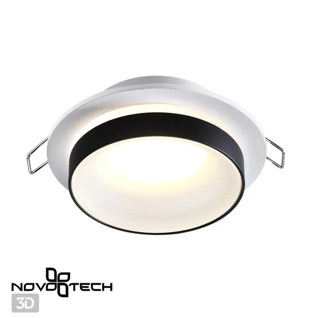 Встраиваемый точечный светильник Novotech в минималистичном стиле с белым корпусом и черным матовым плафоном, ракурс 3
