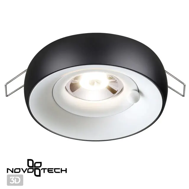 Встраиваемый точечный светильник Novotech в матовом черном и белом цвете, минималистичная форма с одним источником света, ракурс 3