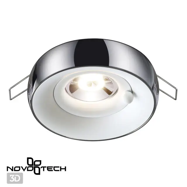 Встраиваемый точечный светильник Novotech в минималистичном дизайне, матовый белый плафон на хроме, ракурс 3