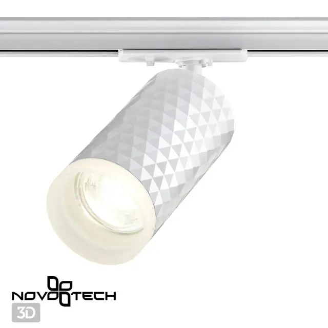 Трековый светильник Novotech белый с геометрическим ромбовидным декором, корпус из матового пластика и акрила, ракурс 3