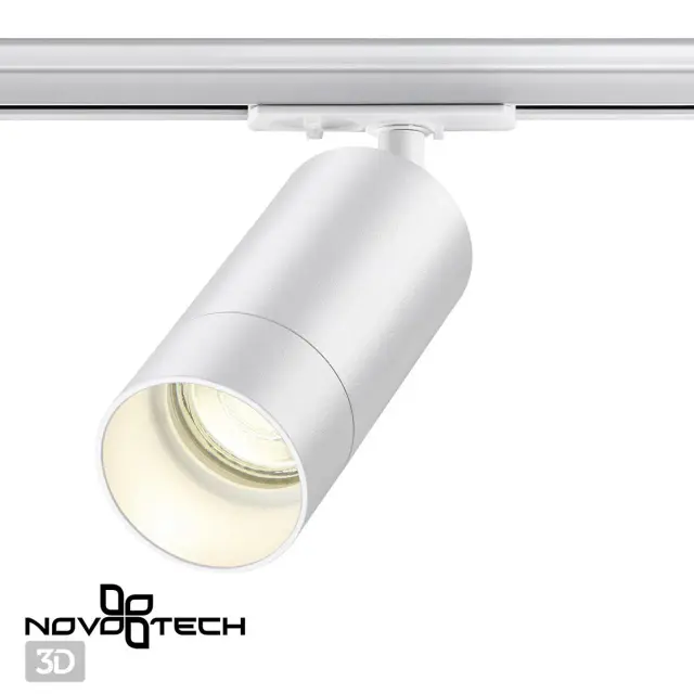 Трековый светильник Novotech в минималистичном белом матовом исполнении с вытянутым плафоном, ракурс 3