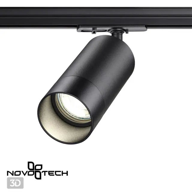 Трековый светильник Novotech матового черного цвета с минималистичным силуэтом и одним источником света, ракурс 3