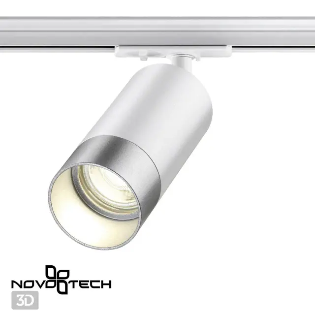 Трековый светильник Novotech матового серебряного цвета на белом металлическом корпусе минималистичного дизайна, ракурс 3