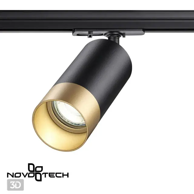 Направленный трековый светильник Novotech, матовый черный корпус и золотой металлический рассеиватель, ракурс 3