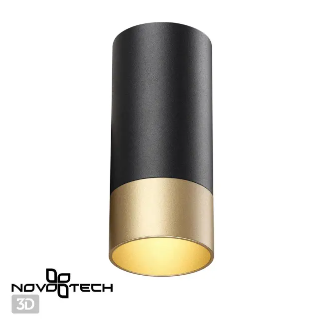 Накладной точечный светильник Novotech матовый черный корпус, золотой конусный рассеиватель, минималистичный дизайн, ракурс 2