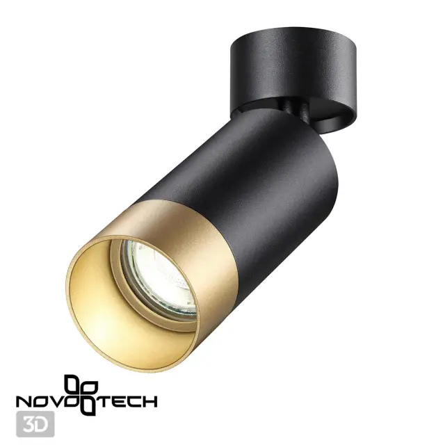 Накладной точечный светильник Novotech черный с золотым металлическим плафоном, минималистичный дизайн, ракурс 2