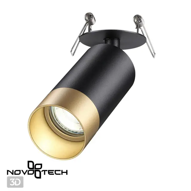Встраиваемый точечный светильник Novotech, черный корпус с декоративным золотым плафоном, регулируемый подвес, ракурс 2