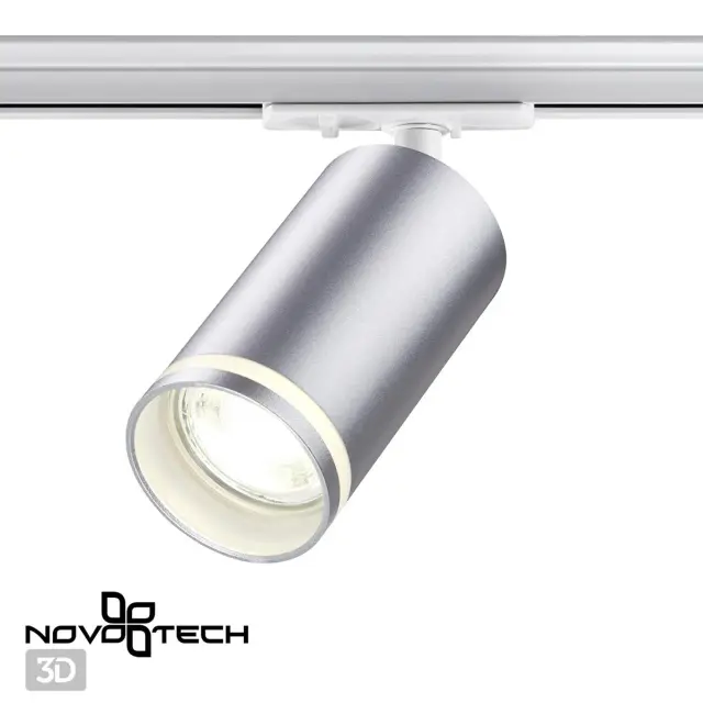 Трековый светильник Novotech матово-серебристый цилиндрический плафон, белая арматура, ракурс 3
