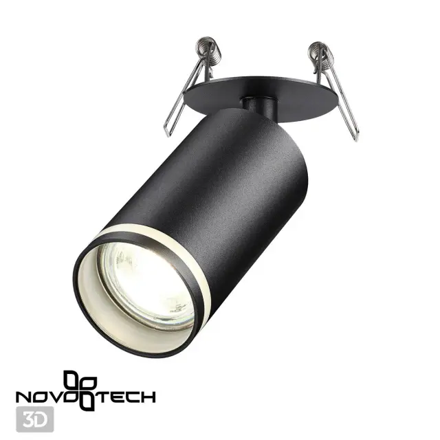 Встраиваемый точечный светильник Novotech матовый черный цилиндрической формы с регулируемым элементом, ракурс 2