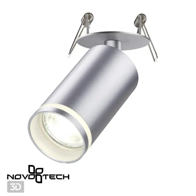 Встраиваемый точечный светильник Novotech серебристый матовый металл, цилиндрическая форма, один источник света, ракурс 2
