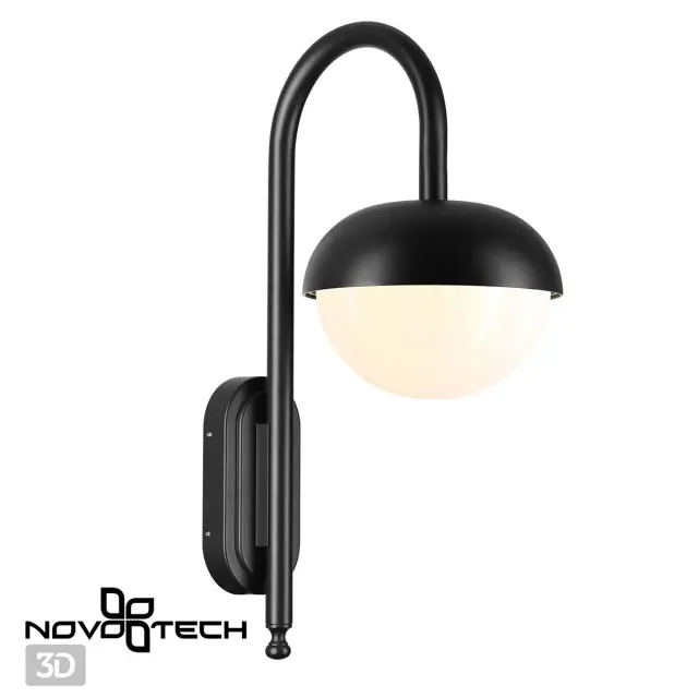 Настенный уличный светильник Novotech черного матового металла с изогнутой арматурой и белым акриловым плафоном, ракурс 2