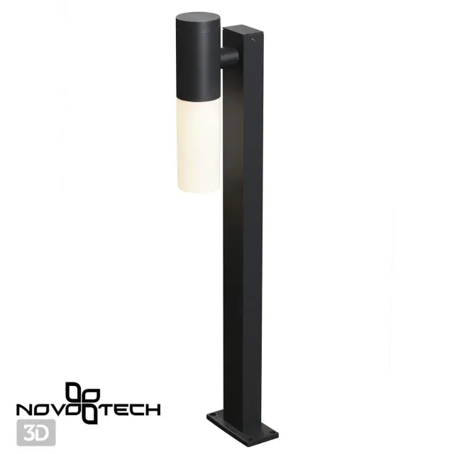 Наземный уличный светильник Novotech в минималистичном стиле, матовый черный корпус и вертикальный белый цилиндрический, ракурс 2