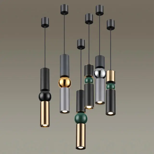 Подвесной светильник Odeon Light минимализма с черными матовыми цилиндрическими элементами и металлическим шаром, ракурс 4