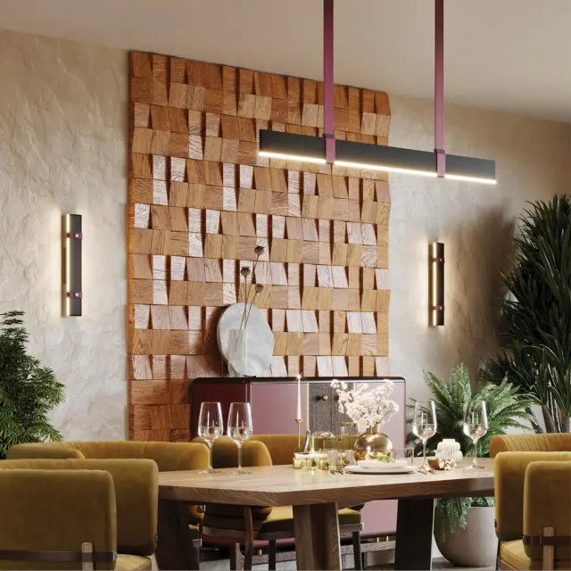 Подвесной светильник минимализма Odeon Light, черный металл и бордовая экокожа, строгая линейная форма, ракурс 5